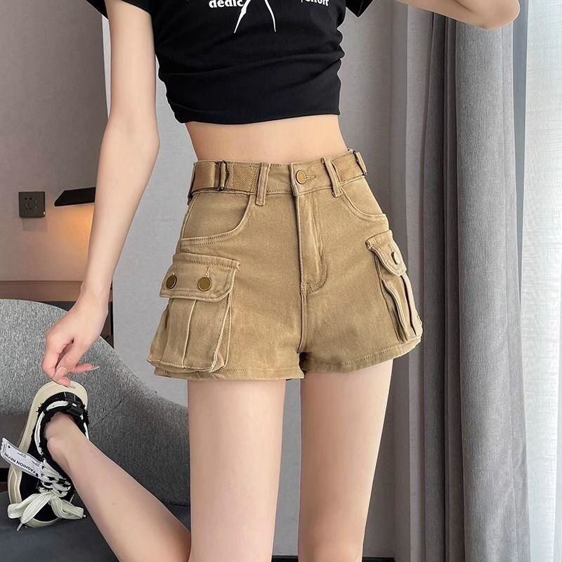 卡其色工装牛仔短裤女生2026夏季新款高腰修身显瘦辣妹a字热裤潮