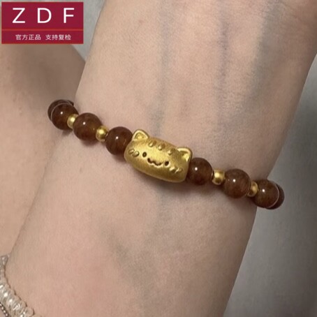 ZDF黄金籽大福足金999法棍猫咪萌宠转运珠手串礼物送女友七夕礼物