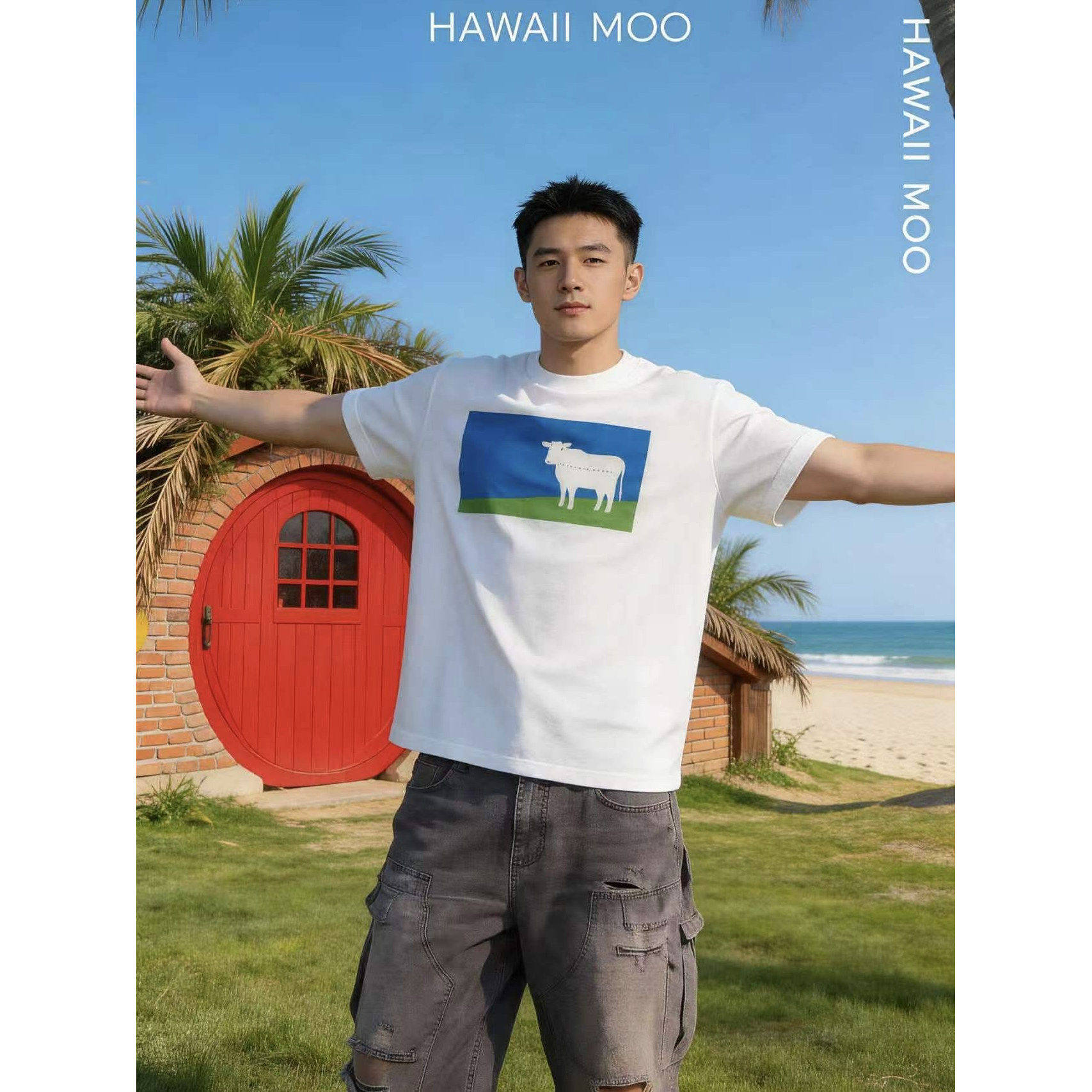 Hawaii26ss牛牛Moo原创T恤纯棉260克32S双纱奶牛上衣短袖