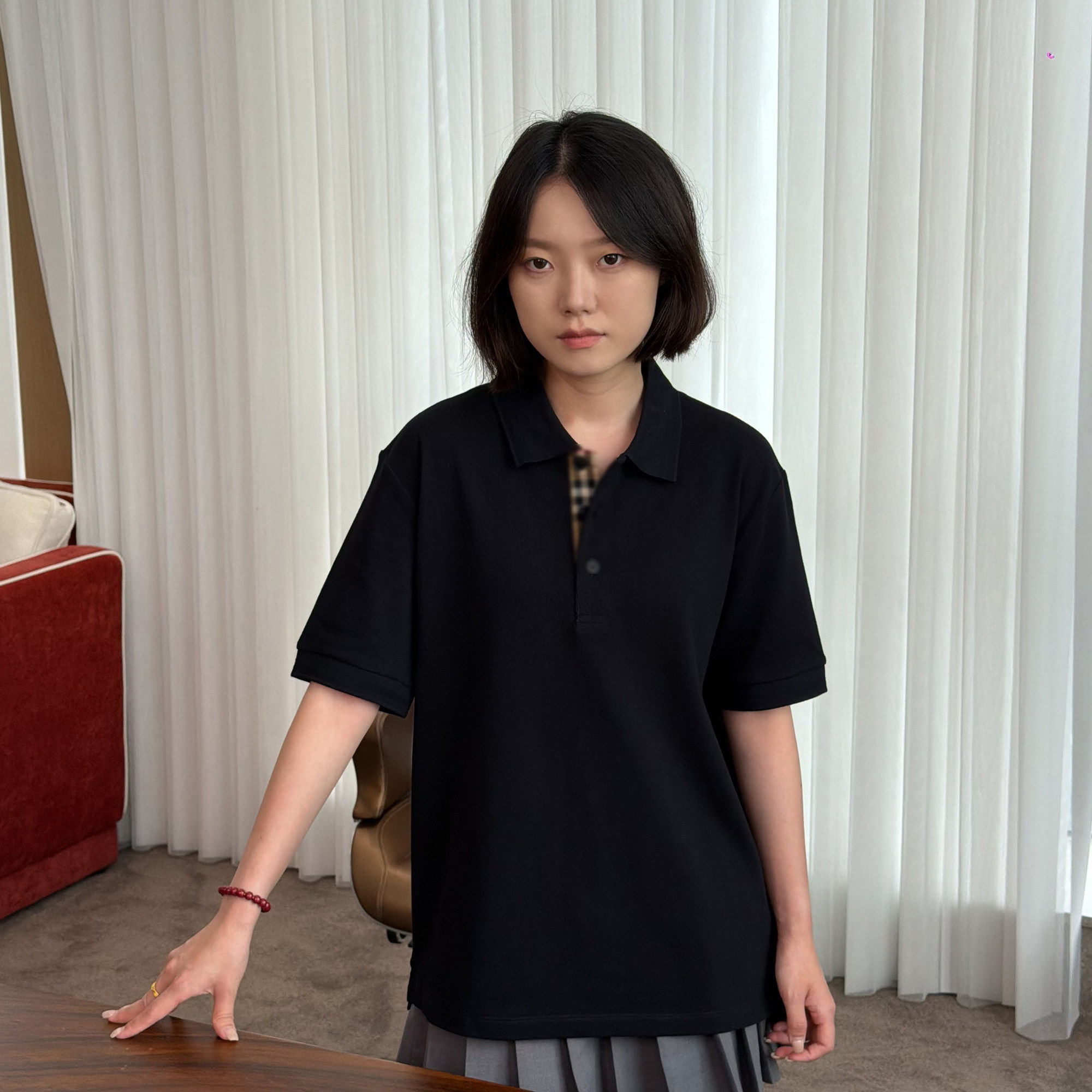原创纯棉格纹领口翻领POLO衫短袖商务正肩凉感透气男士T恤