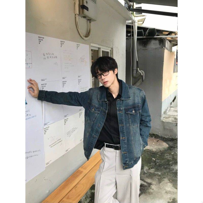 H1 online美式复古水洗牛仔外套男cleanfit通勤基础翻领夹克上衣
