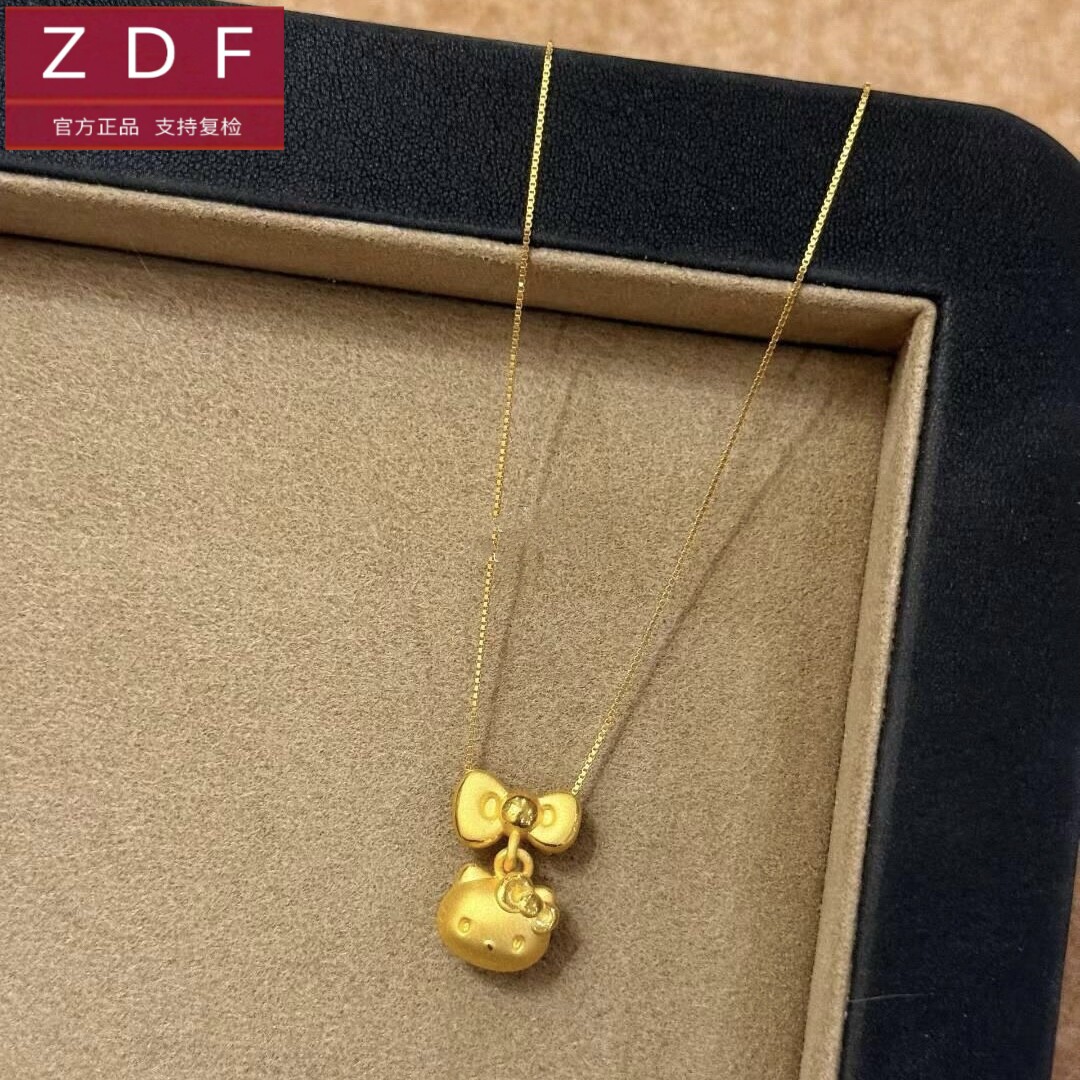 ZDF黄金籽大福999足金KT猫吊坠女蝴蝶结kitty挂坠送女友七夕项链