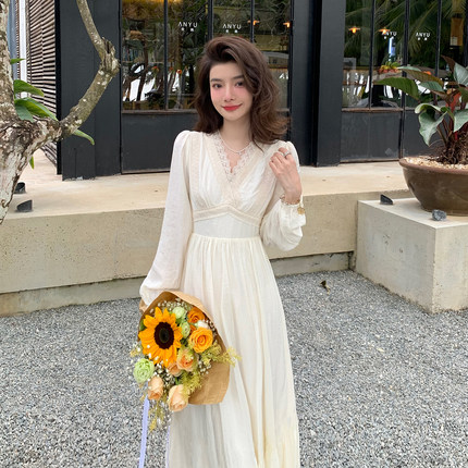 AM NANA秋冬法式气质收腰打底连衣裙温柔风甜美仙女裙优雅长裙子