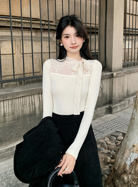 AMNANA早春千金风蕾丝拼接蝴蝶结针织衫女高级感显瘦长袖打底衫