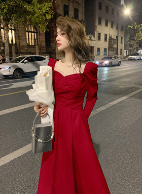 AM NANA法式红色长袖连衣裙女显瘦气质礼服复古修身仙女长裙子