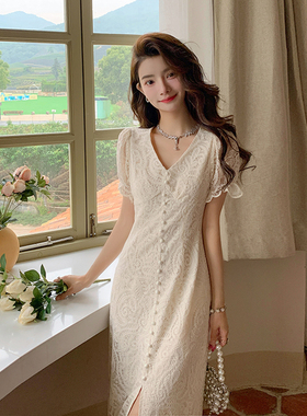 AM NANA法式蕾丝短袖连衣裙女夏显瘦绝美仙女裙小个子气质长裙子