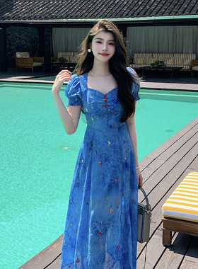 AM NANA法式气质短袖蓝色连衣裙夏温柔风显瘦仙女裙小个子长裙子