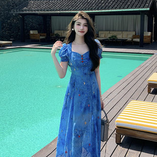 气质短袖 蓝色连衣裙夏温柔风显瘦仙女裙小个子长裙子 NANA法式