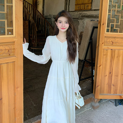 AM NANA初秋法式气质纯欲长袖连衣裙温柔风显瘦仙女裙绝美长裙子