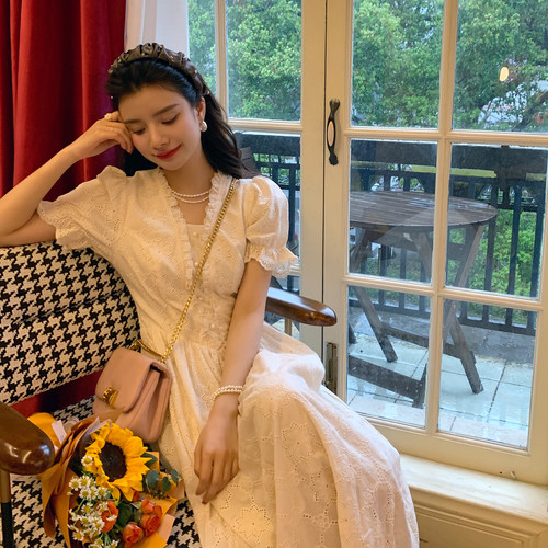 AM NANA法式温柔风蕾丝连衣裙女短袖收腰仙女裙气质甜美长裙子