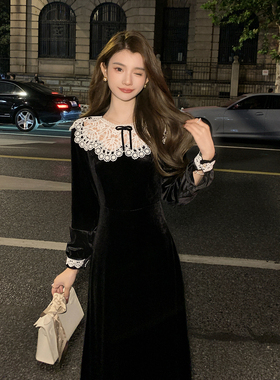 AMNANA法式气质赫本风丝绒连衣裙女轻奢绝美仙女裙高级感长裙子