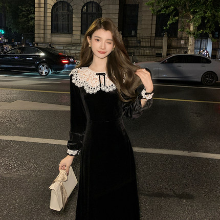 AMNANA法式气质赫本风丝绒连衣裙女轻奢绝美仙女裙高级感长裙子