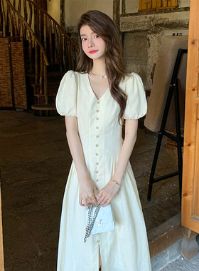 AM NANA法式浅黄色短袖连衣裙夏温柔风气质开叉仙女裙漂亮长裙子