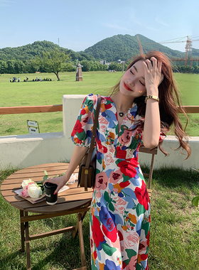 AM NANA法式复古碎花短袖连衣裙显瘦气质雪纺仙女裙收腰长裙子