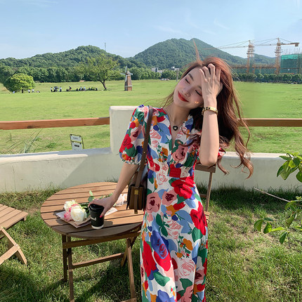 AM NANA法式复古碎花短袖连衣裙显瘦气质雪纺仙女裙收腰长裙子