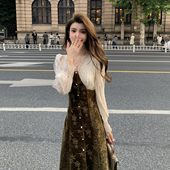 AMNANA法式 复古拼接丝绒连衣裙国风收腰绝美仙女裙气质轻奢长裙子