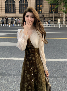 AMNANA法式复古拼接丝绒连衣裙国风收腰绝美仙女裙气质轻奢长裙子