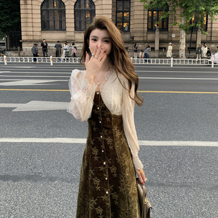 AMNANA法式复古拼接丝绒连衣裙国风收腰绝美仙女裙气质轻奢长裙子