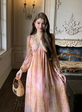 AM NANA法式气质V领宽松长袖连衣裙小个子胖mm仙女裙绝美长裙子