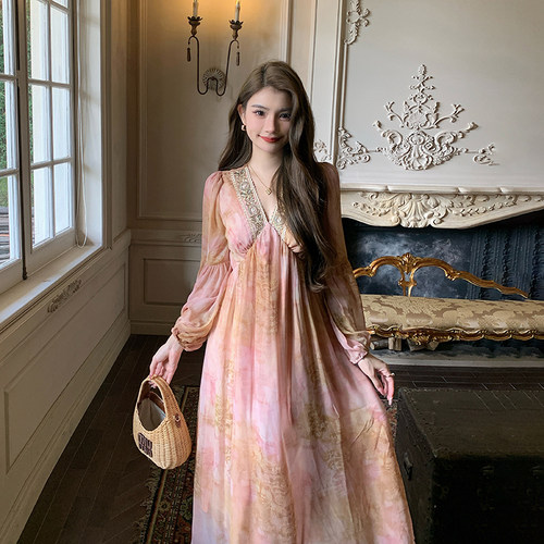 法式气质V领宽松长袖连衣裙