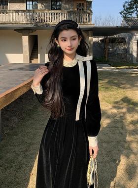 AMNANA法式赫本风黑色丝绒连衣裙女高级感手工钉珠领子气质礼服裙