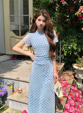 AM NANA新中式波点改良旗袍连衣裙女夏复古收腰蓝色小个子长裙子