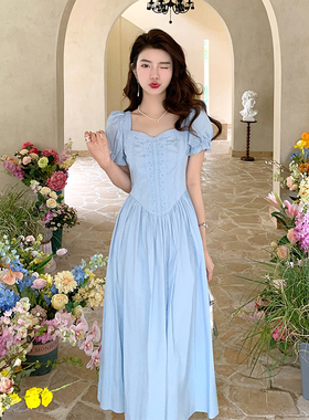 AM NANA气质法式蓝色短袖连衣裙女温柔风漂亮初恋裙收腰长裙子