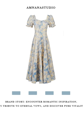 AMNANA法式方领蓝色油画风碎花连衣裙短袖初恋裙子