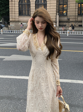 AM NANA法式气质蕾丝连衣裙打底收腰仙女裙显瘦绝美小个子长裙子