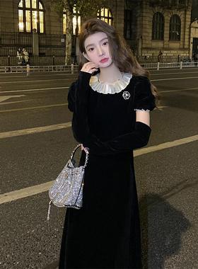 AMNANA法式复古赫本风小黑裙收腰显瘦丝绒连衣裙高级感礼服长裙子