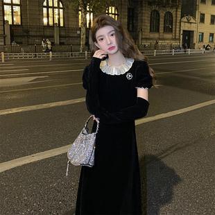 AMNANA法式复古赫本风小黑裙收腰显瘦丝绒连衣裙高级感礼服长裙子