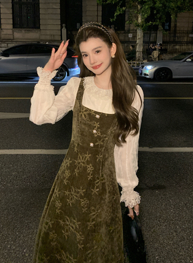 AMNANA法式复古两件套刺绣背带连衣裙女蕾丝花边内搭气质减龄套装