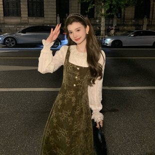 AMNANA法式复古两件套刺绣背带连衣裙女蕾丝花边内搭气质减龄套装