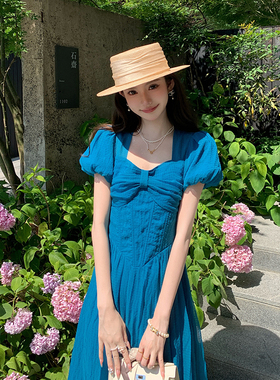 AM NANA法式气质短袖连衣裙女夏温柔风小个子仙女裙收腰显瘦长裙