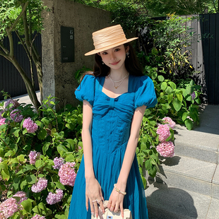 AM NANA法式气质短袖连衣裙女夏温柔风小个子仙女裙收腰显瘦长裙