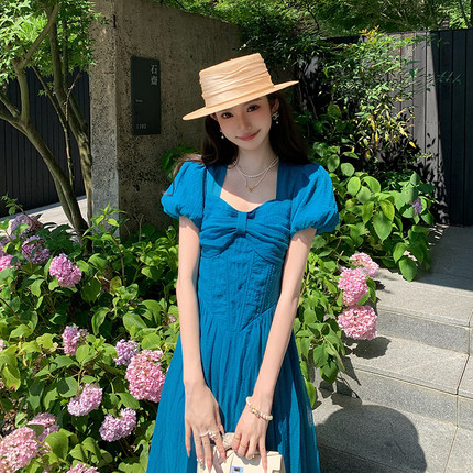 AM NANA法式气质短袖连衣裙女夏温柔风小个子仙女裙收腰显瘦长裙