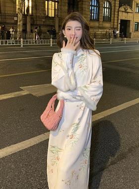 AMNANA清冷百合古风白色气质新中式盘扣改良旗袍裙国风女装连衣裙