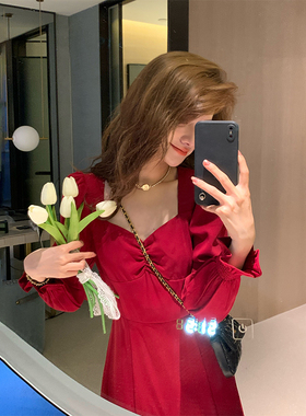 AM NANA法式红色长袖连衣裙女气质收腰显瘦仙女裙领证开叉长裙子