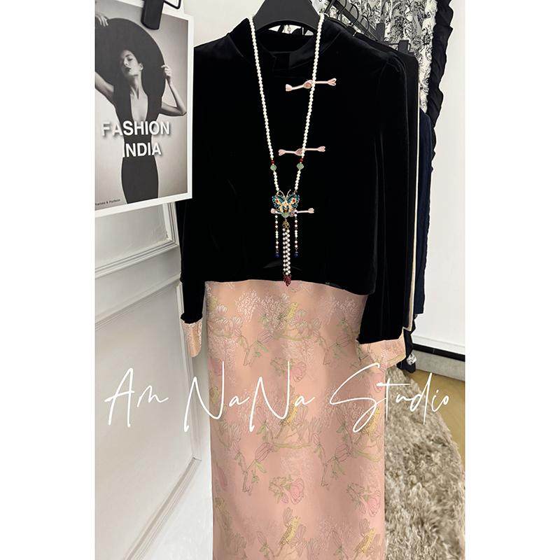 AM NANA新中式国风款盘扣丝绒气质高级感黑色名媛立领精致套装 - AM NANA出品