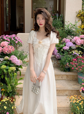 AM NANA法式短袖气质连衣裙女纯欲温柔风小个子仙女裙漂亮长裙子