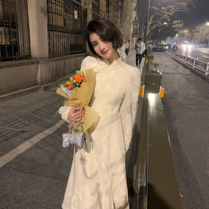 AM NANA冬季气质加绒打底连衣裙女新中式收腰旗袍加厚国风长裙子