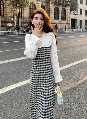 AMNANA 蕾丝拼接针织洋气小香风假两件千鸟格高腰显瘦时尚连衣裙
