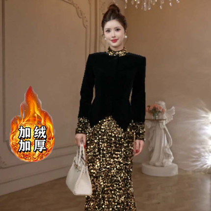 【加绒加厚】复古优雅长袖长裙修身名媛法式裙QY0210