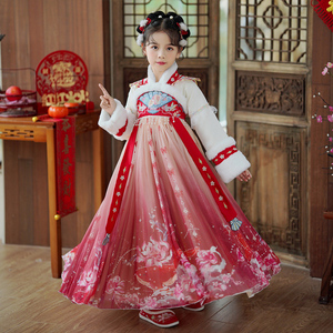汉服女童冬装儿童中国风超仙唐装襦裙2023新款加绒加厚新年连衣裙