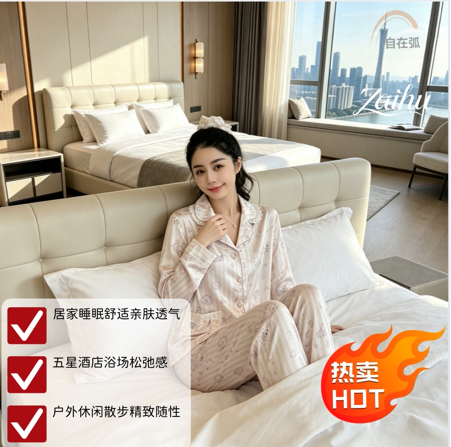 自在弧薄款夏季爆款猫咪少女冰丝睡衣蕾丝长袖长裤睡衣套装家居服