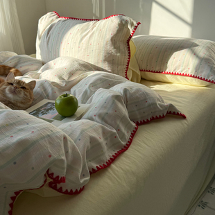 【花脸猫】幸运星星！韩式三角针双层纱皱皱纱小清新柔软四件套