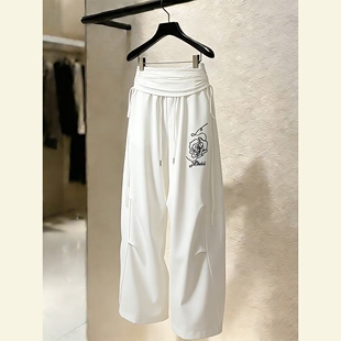 甜酷风爵士双腰头拼接黑色休闲运动裤 女设计感玫瑰抽褶弯刀香蕉裤