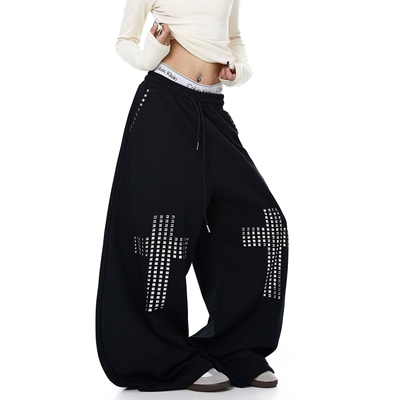 铆钉十字架黑色美式高街爵士舞裤子女阔腿宽松运动休闲裤男2026年