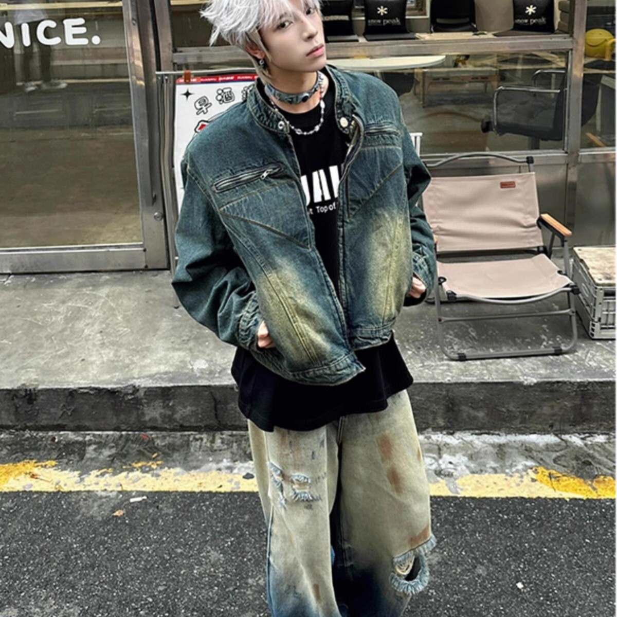 美式高街小众解构设计感垫肩牛仔外套男做旧复古水洗短款夹克高级