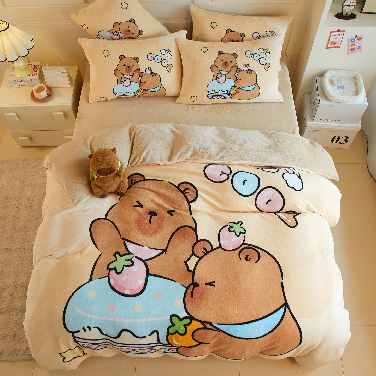 卡皮巴拉牛奶绒三四件套冬季双面